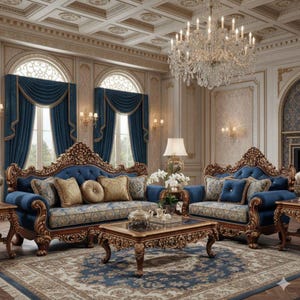 Luxury Royal Blue Sofa Set, European Hand Carved Living Room Furniture