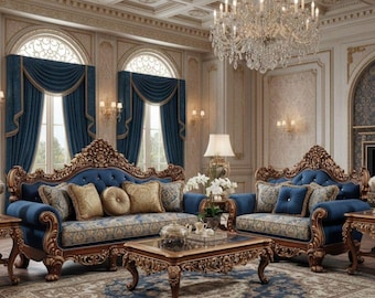 Luxury Royal Blue Sofa Set, European Hand Carved Living Room Furniture