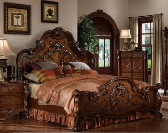 Cama King Frame de lujo en madera de teca, con diseño antiguo victoriano de nogal tallado a mano.