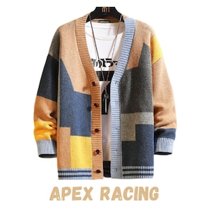 May include: A multi-colored cardigan with a geometric pattern in shades of tan, blue, yellow, and gray. The sweater has a V-neck, button closure, and ribbed cuffs. The text "APEX RACING" is displayed at the bottom.