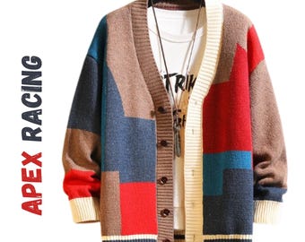 Geometric Pattern Button Knit Cardigan, Modern Streetwear Polyester Sweater