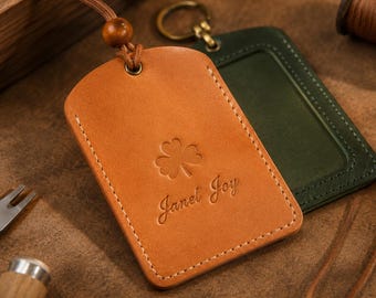 Leather Badge Holder with Lanyard, Free Custom Text or Design Engraving, Clear Window Work ID Card Case