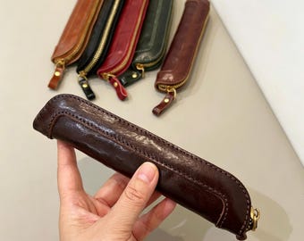 Handmade Leather Pencil Case, Genuine Cowhide Pen Pouch, Slim Zipper Holder