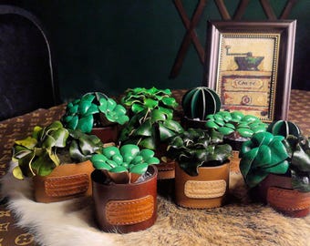 Handmade Leather Potted Succulent Decor, Original Design Desk Ornament (Gift Box Included)