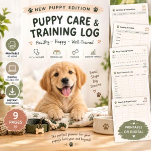 Registro de entrenamiento y cuidado de cachorros, registro rellenable de alimentación, visitas al veterinario y entrenamiento para ir al baño, planificador para nuevos dueños de perros en formato PDF.