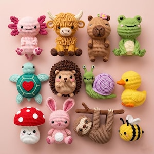May include: A collection of colorful, crocheted animal figures, including an axolotl, a Highland cow, a bear, a frog, a turtle, a hedgehog, a snail, a duckling, a mushroom, a bunny, a sloth, and a bee. Each figure is crafted with detailed stitching and vibrant colors.