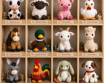 12 patrones de ganchillo de animales de granja, paquete PDF de amigurumi para principiantes (descarga instantánea)