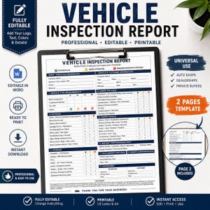 Könnte beinhalten: Eine Fahrzeugprüfbericht-Vorlage auf einem Klemmbrett mit Abschnitten für Werkstattinformationen, Bremsen- und Reifenmessungen, Außen- und Innenbereich, Motorraum, Unterboden, Batterieleistung und Unterschriften auf zwei Seiten.