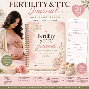 Puede incluir: Un diario de fertilidad y concepción con encuadernación en espiral y portada floral, que incluye el texto 'Fertility & TTC Journal', 'Your Journey to Baby' y 'Track • Hope • Believe'. Contiene páginas para gráficos BBT, seguimiento de ciclos y resúmenes.