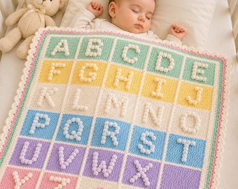 Patroon gehaakt babydekentje gehaakt alfabet, bobbel AZ, grafisch geschreven instructies (pdf-download)