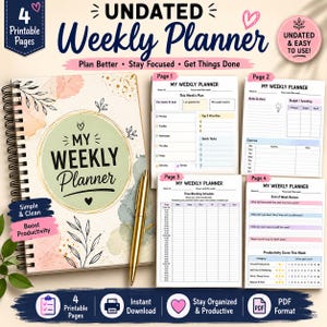 May include: A spiral-bound undated weekly planner with a floral cover design, accompanied by a gold pen and four printable pages featuring sections for goals, priorities, time blocking, and end-of-week reviews with text reading My Weekly Planner.