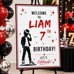 May include: A rectangular white birthday welcome sign with a red border, featuring the text "WELCOME TO LIAM 7TH BIRTHDAY! LET'S CELEBRATE!" and a black silhouette illustration of a person wearing a hat, jacket, and sneakers, accented by red stars.