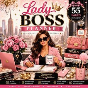 May include: A digital Lady Boss Planner printable PDF with 55 pages. The image features a woman in a pink blazer writing in a planner, a laptop, a perfume bottle, a pink quilted handbag, stacked books labeled Goals, Hustle, Success, and a mug.