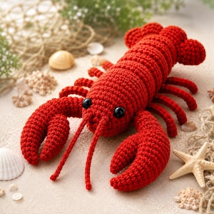May include: A bright red crochet lobster toy featuring a segmented body, two large front claws, multiple thin legs, and two long antennae. The lobster has two smooth, round black plastic eyes positioned on the front of its textured yarn head.