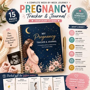 Puede incluir: Un diario de seguimiento del embarazo con encuadernación en espiral y portada azul oscuro con una luna creciente, estrellas y una persona embarazada con vestido rosa. El texto dice My Pregnancy Tracker & Journal. Incluye 15 páginas PDF imprimibles.