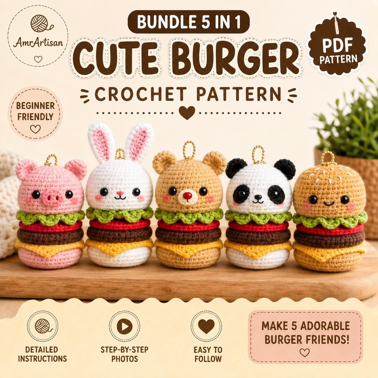 38 Crochet Kawaii Patterns with Keychains, Amigurumi, Hats, and Coasters 21 5-in-1 Kawaii Burger keychain Crochet Pattern Bundle