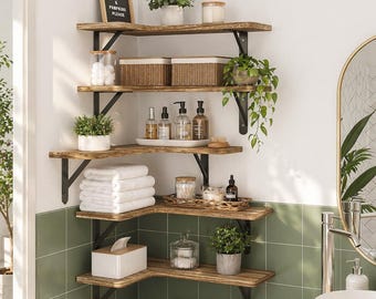 5 Tier Floating Wall Shelves, Wooden Storage Organizer, Modern Home Display Rack