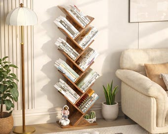 10 Tier Tree Bookshelf, Narrow Space Book Organizer, Wood Display Shelf for Home Office