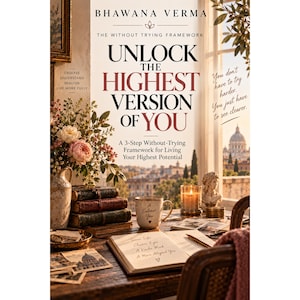 Può includere: Una copertina di libro intitolata Unlock the Highest Version of You di Bhawana Verma. La copertina mostra una scena calda e soleggiata con una pila di libri antichi, una composizione floreale, una tazza con la scritta A Calmer You e un diario aperto.