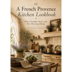 May include: A French Provence Kitchen Lookbook cover. The book features a rustic kitchen scene with text that reads "Where Sunlight, Stone, and Slow Mornings Belong." The cover has a soft, vintage aesthetic with a focus on natural elements.