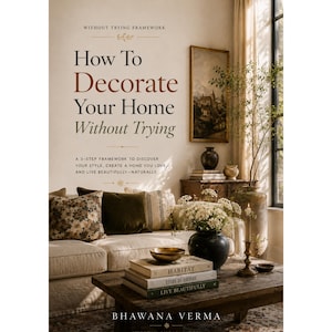 May include: A book titled How To Decorate Your Home Without Trying by Bhawana Verma. The cover features a living room with a beige sofa, floral and velvet pillows, a wooden coffee table with stacked books, a black vase with white flowers, and art.