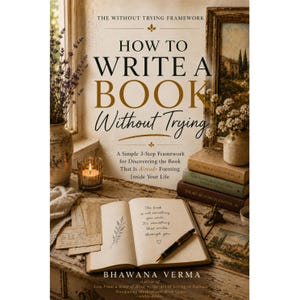 May include: A book titled How to Write a Book Without Trying by Bhawana Verma, featuring an open journal with handwritten text, a fountain pen, a lit candle, a vase of lavender, and a stack of three books with titles on their spines.