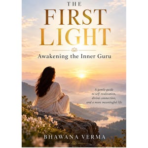 May include: A book cover titled The First Light: Awakening the Inner Guru by Bhawana Verma. It features a person in white clothing sitting on a rocky cliff overlooking a mountain landscape at sunrise with a river and soft golden light.