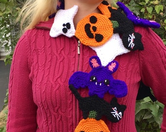 Kawaii Halloween Scarf Crochet Pattern - Pumpkin, Ghost, Bat, Cat Scarf - PATTERN ONLY