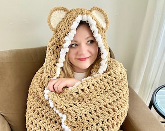 Bear Hooded Blanket Crochet Pattern - PATTERN ONLY - One Size Fits Most