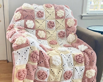 Rose Granny Square Crochet Pattern – 3D Floral Afghan (PDF Pattern)