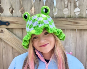 Gingham Frog Bucket Hat Crochet Pattern - PATTERN ONLY - Kawaii, Cottagecore, Teens, Adults