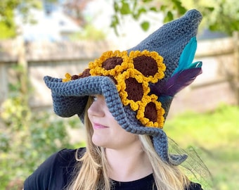 Sunflower Witch Hat Crochet Pattern - PATTERN ONLY - Halloween Costume DIY - Adults, Kids & Toddlers Sizes