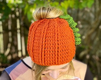 Pumpkin Messy Bun Beanie / Hat - Kids & Adult Sizes - Crochet Pattern - PATTERN ONLY - Instant Download