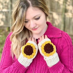 Sunflower Fingerless Gloves Crochet Pattern - Adults / Women&#39;s Size - PATTERN ONLY