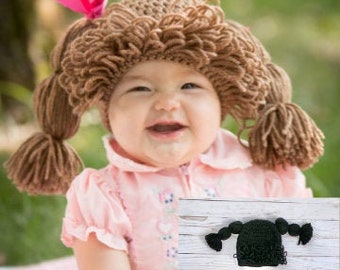 READY TO SHIP Black Doll Wig Hat - 3-6 Months, 6-12 Months, 1-3 Years Sizes - Halloween, Pretend Play, Costume