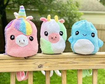 Softie Animal Backpacks for Back to School - Unicorn, Cow, Shark - Amigurumi Crochet Pattern - PATTERN ONLY