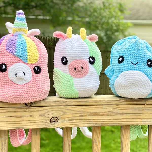 Softie Animal Backpacks for Back to School - Unicorn, Cow, Shark - Amigurumi Crochet Pattern - PATTERN ONLY