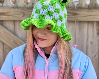 Gingham Frog Bucket Hat Crochet Pattern PATTERN ONLY Kawaii