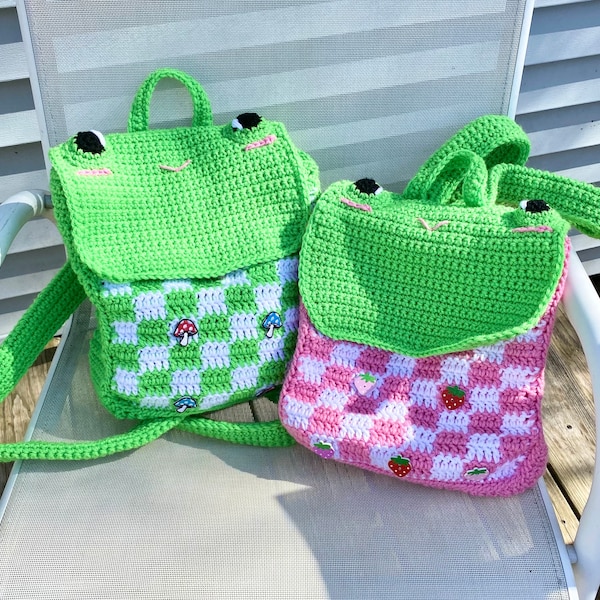 Strawberry & Mushroom Frog Backpacks - Crochet Pattern - PATTERN ONLY - Kawaii, Cottagecore, Amigurumi Bag