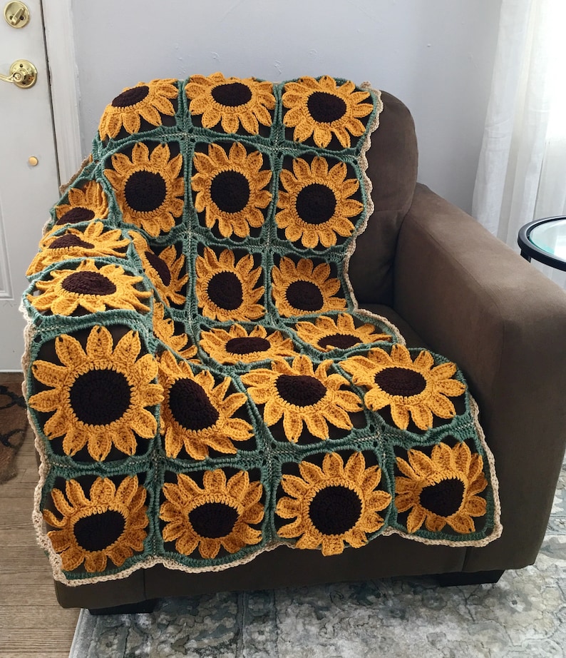 Sunflower Square Blanket Crochet Pattern PATTERN ONLY Afghan, Throw Blanket, Granny Square image 7