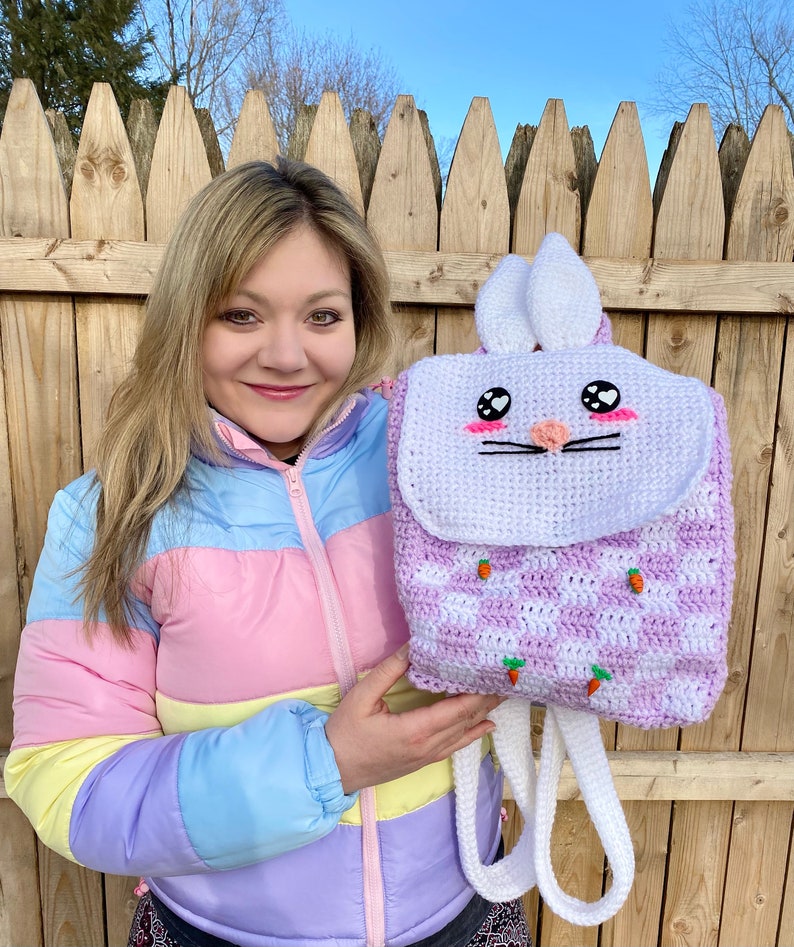 Gingham Bunny Backpack Crochet Pattern PATTERN ONLY Kawaii, Spring, Checkered image 1