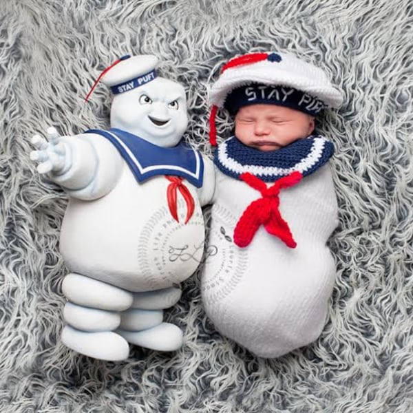 READY TO SHIP Stay Puft / Ghostbusters Inspired Photo Prop Set - Beret and Bib - Newborn