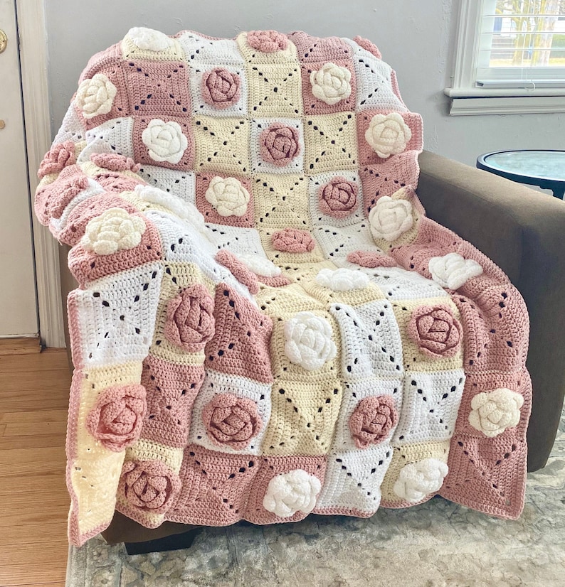 Rose Granny Square / Afghan Square Crochet Pattern PATTERN ONLY Instant Download image 1