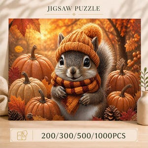 Pumpkin Squirrel Jigsaw Puzzle, Cute Autumn Woodland Scene