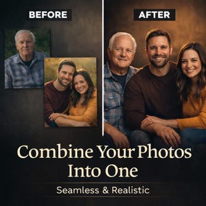 Può includere: Immagine promozionale che mostra un confronto prima-dopo di un ritratto di famiglia. La sezione "Prima" mostra foto individuali, mentre la sezione "Dopo" mostra il ritratto di famiglia combinato. Il testo recita "Combine Your Photos Into One" e "Seamless & Realistic."