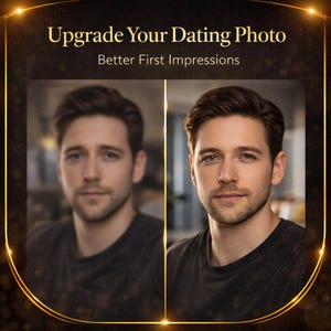 Puede incluir: Imagen que compara un retrato borroso y otro nítido de un hombre. El texto dice "Mejora tu foto de citas" y "Mejores primeras impresiones". El hombre tiene cabello castaño y viste una camiseta gris oscura.