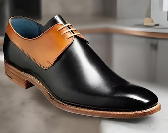 Handmade men two tone shoes, men black and Tan leather shoes, dress shoes men