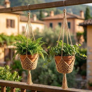 Può includere: Due portapiante sospesi in macramè con vasi in terracotta pieni di verde. I portapiante in macramè sono sospesi a una trave di legno con ganci di metallo. Ogni portapiante ha un design intrecciato e un nappa in basso, creando un'estetica bohémien.