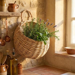 Puede incluir: Una cesta redonda de mimbre, llena de hierbas frescas y lavanda, cuelga de una pared de piedra. La cesta tiene un asa y contiene hierbas verdes y lavanda morada. Otros utensilios de cocina son visibles.