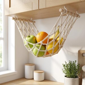 Puede incluir: Una hamaca de frutas de macramé, suspendida de un mueble de madera, contiene manzanas verdes, naranjas y plátanos. La red de color crema está unida a tacos de madera con ganchos metálicos. La cocina incluye botes blancos y una pequeña planta en maceta.